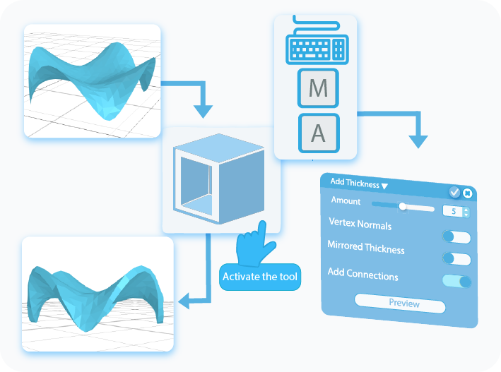 Selecting Add Thickness from the modify drop-down list in the main toolbar